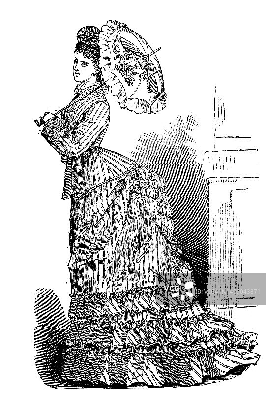 时尚1875年，由一位年轻女子呈现的新长裙，侧视图图片素材