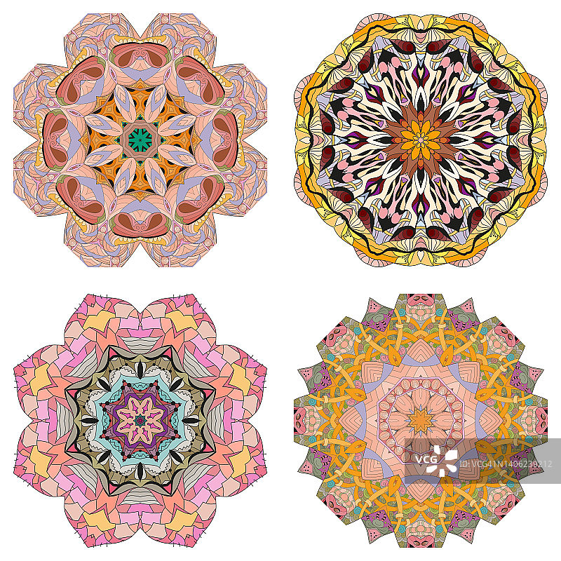 手工绘制的4色曼陀罗装饰套图片素材