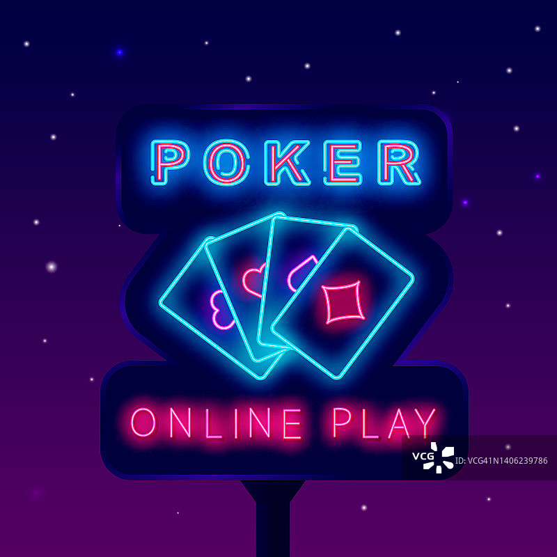 在线玩扑克霓虹灯街广告牌。晚上广告。玩扑克牌。网络赌博游戏。矢量图图片素材