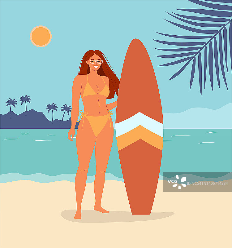 卡通年轻女子站在冲浪板。海滩场景。矢量平面插图图片素材