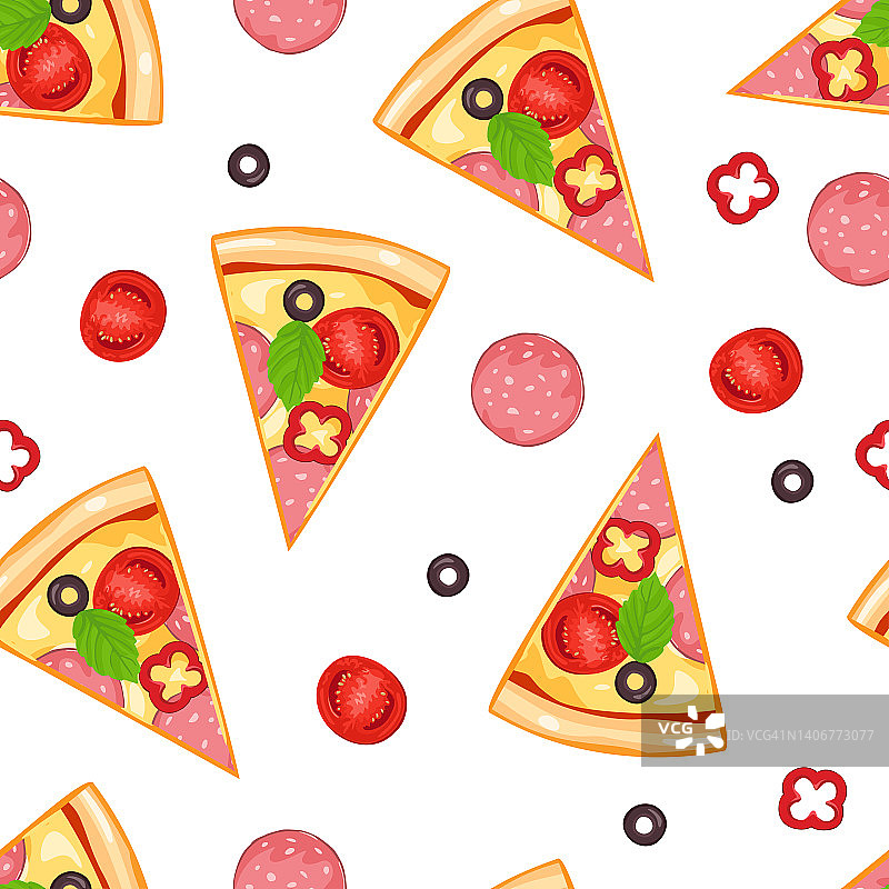 披萨无缝模式。白色背景的披萨片，意大利腊肠和西红柿。矢量卡通平面插图的食物。图片素材