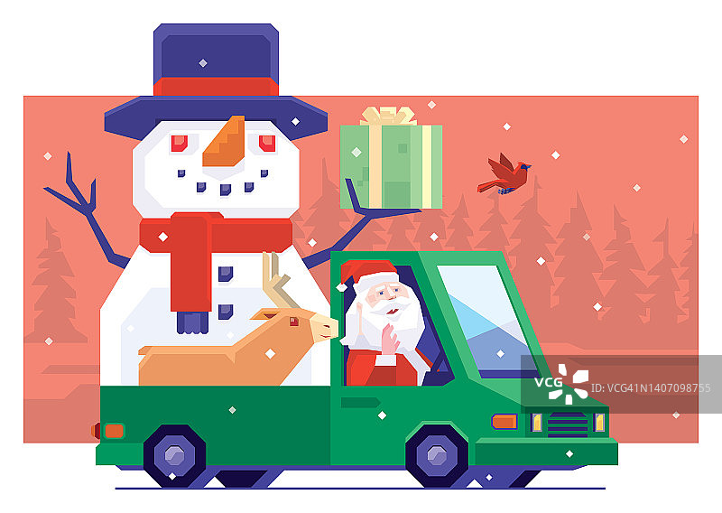圣诞老人开着载着雪人和驯鹿的货车图片素材
