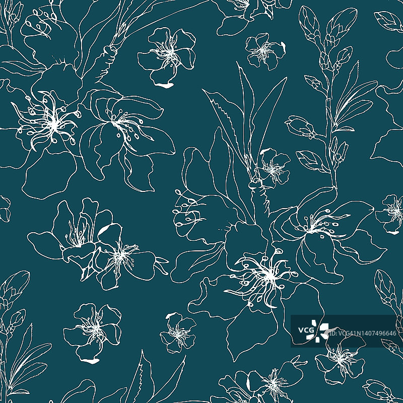 蓝色背景上的白色轮廓花。无缝矢量花卉图案的织物和纸张的装饰图片素材
