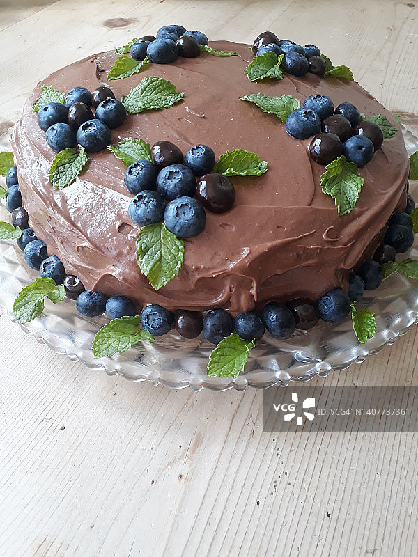 巧克力蓝莓层蛋糕，特写，有拷贝空间图片素材