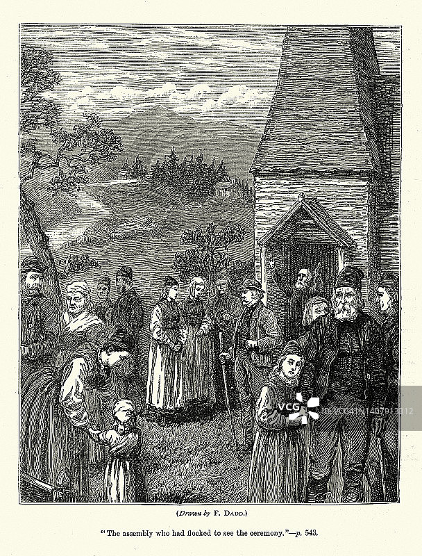 人们在周日弥撒后离开教堂，维多利亚时代，19世纪70年代，19世纪图片素材