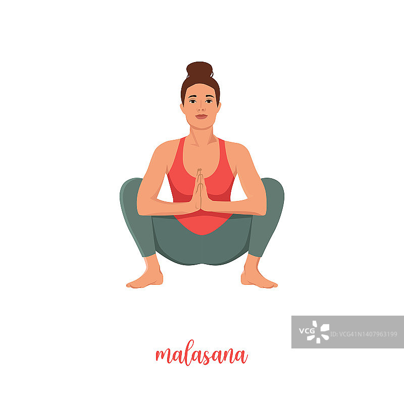 做瑜伽的女人，摆着马拉式花环姿势。平面矢量插图孤立在白色背景上图片素材