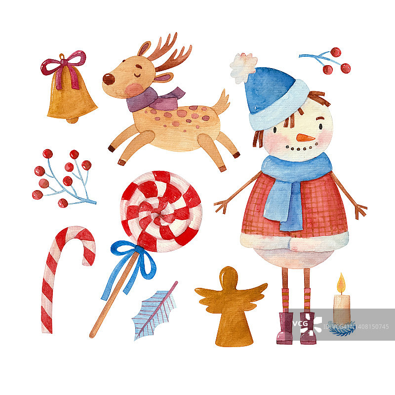 一套水彩插图与雪人，鹿和新年糖果图片素材