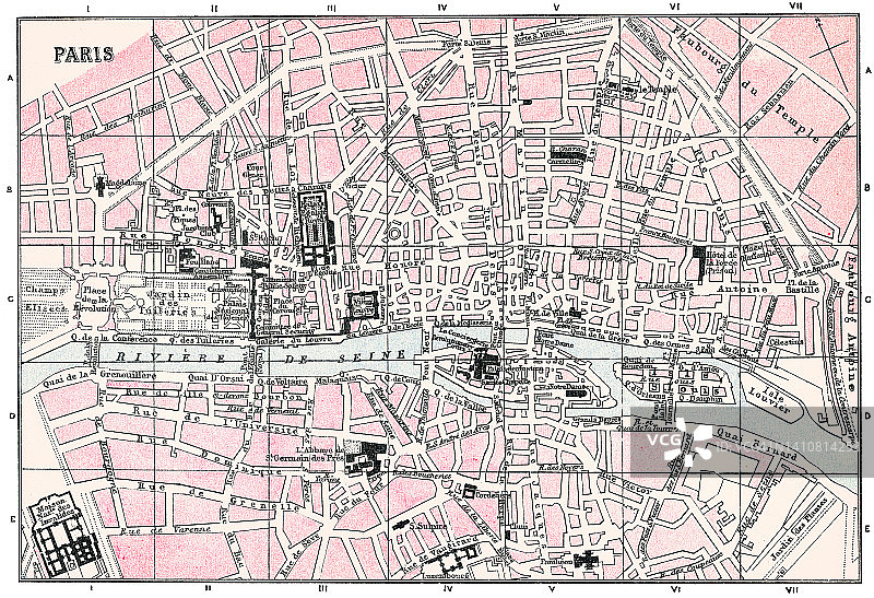 法国巴黎革命时期的旧彩色石印地图图片素材