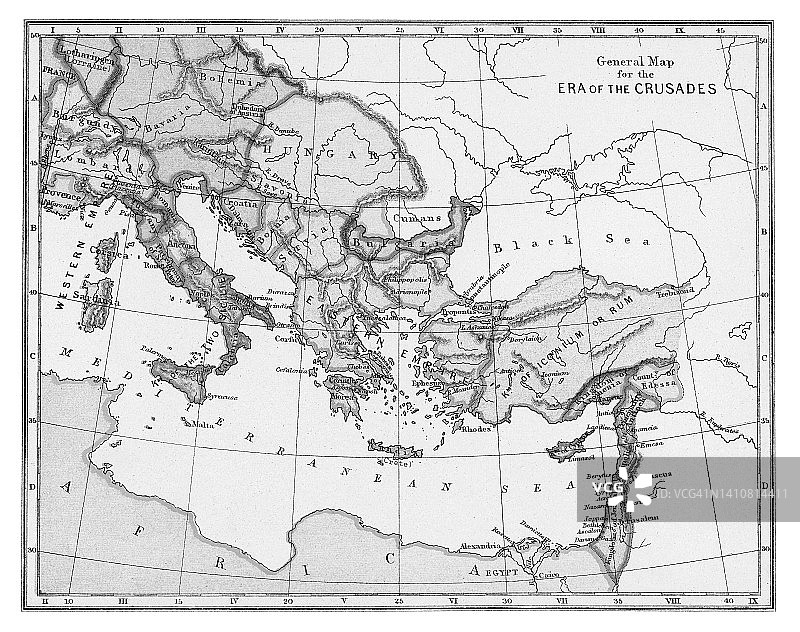 十字军东征时代的旧彩色石版通用地图图片素材