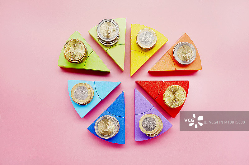 饼图由彩色的积木和成堆的欧元硬币在粉红色的背景图片素材