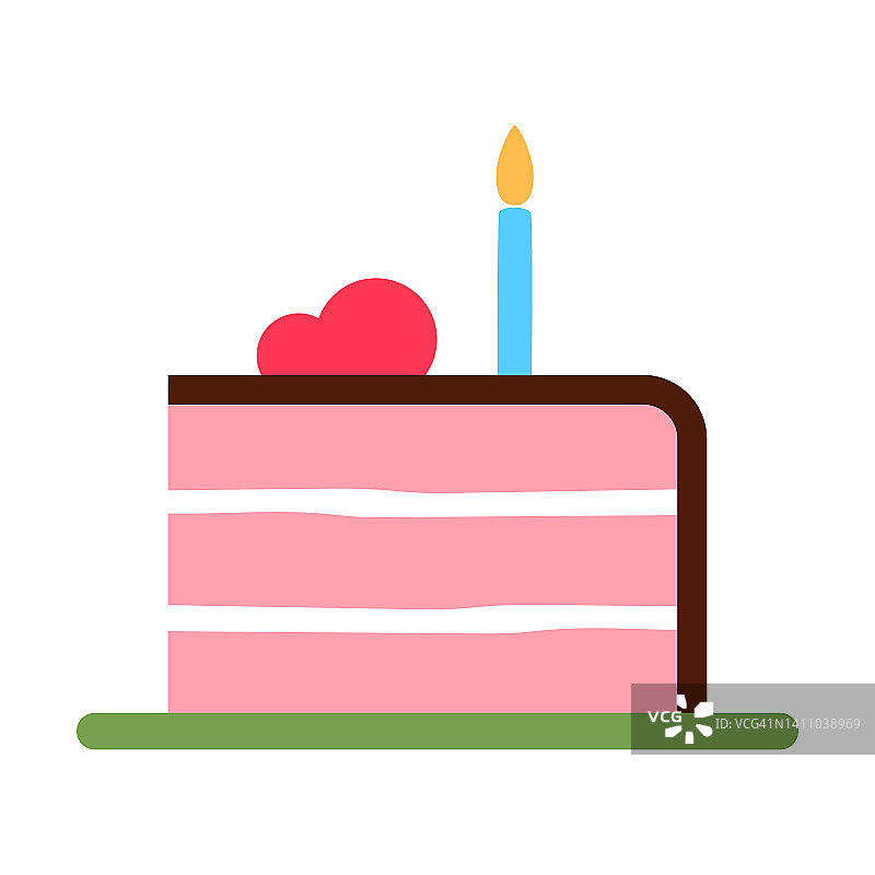 三层粉色蛋糕，白色背景。烤霜草莓生日蛋糕用燃烧的蜡烛。奶油釉饼招牌。鲜亮的酥皮扁平象征。最小的标志矢量插图。图片素材