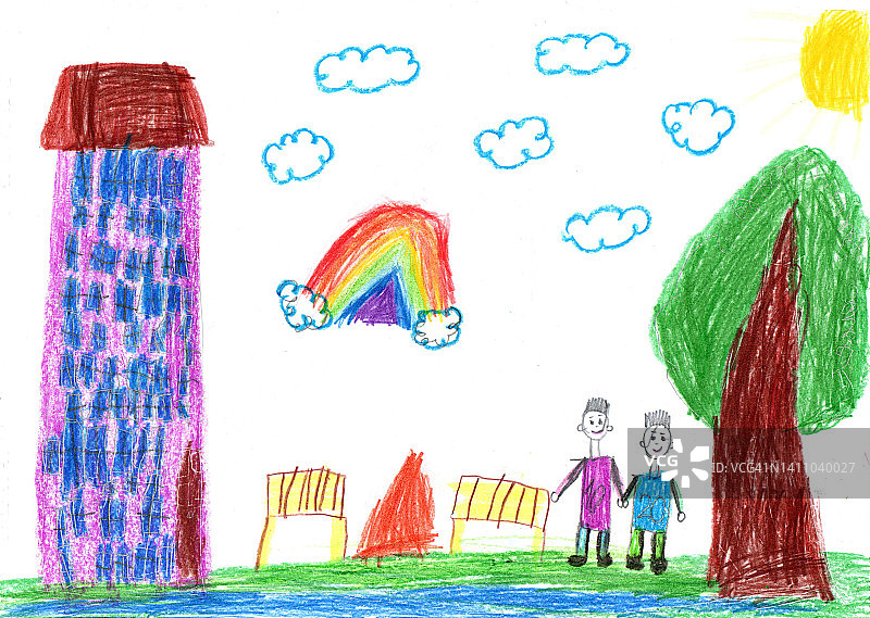孩子画了一个在户外散步的快乐的朋友图片素材