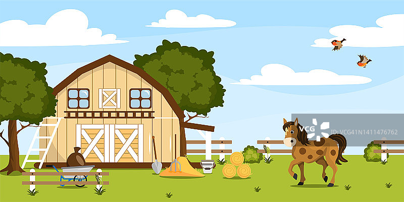 一个美丽的夏季农场的矢量插图。卡通景观，谷仓，马，鸟，栅栏，树，干草。图片素材