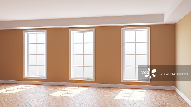 阳光充足的室内概念，米色墙壁，三个大窗户图片素材