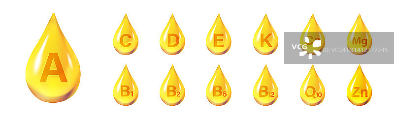 一套多维生素复杂的图标。复合维生素补充剂。维生素A, B组B1, B2, B6, B12, C, D, D3, E, K, Mg, Ca, Omega。必要的维生素复杂。健康的生活理念图片素材