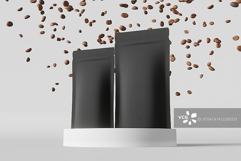 黑色袋模型落咖啡豆哑光讲台白色背景3D渲染。商品广告包装。图片素材