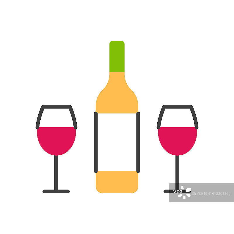 酒瓶和两个玻璃杯平线图标孤立在白色背景。彩色红酒酒精饮料品尝。浪漫派对活动标志标志设计。抽象最小饮料向量插图。图片素材