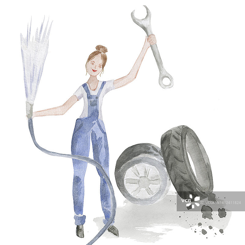 修理、保养汽车。汽车修理工的女人。图片素材