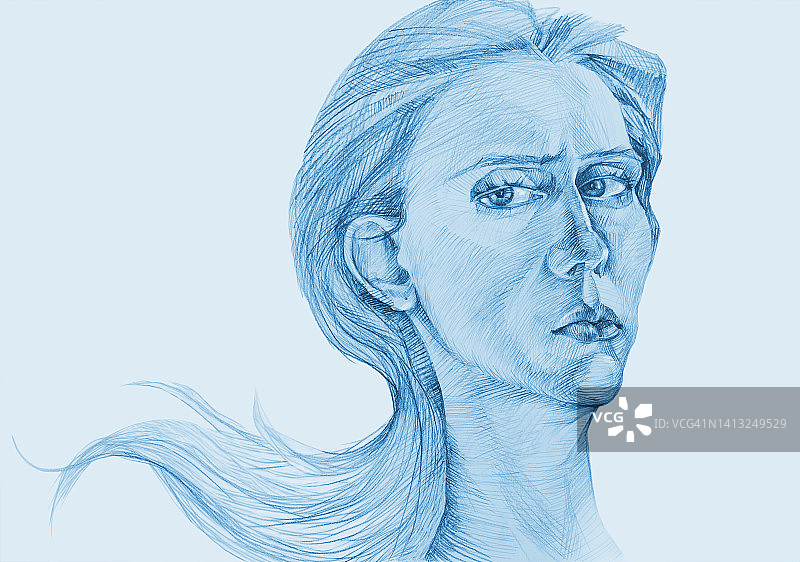 插画铅笔画肖像的女人长头发和表情焦虑的看在白色的背景图片素材