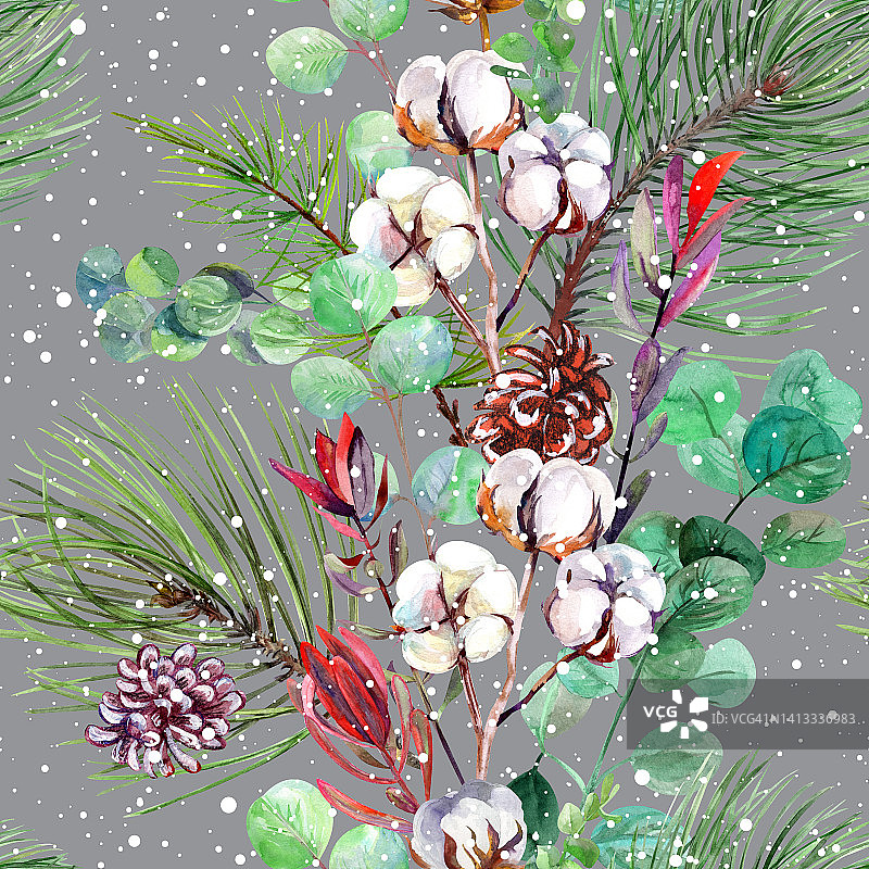 水彩圣诞无缝图案与冬季花束和干花和冷杉树枝在灰色的背景图片素材