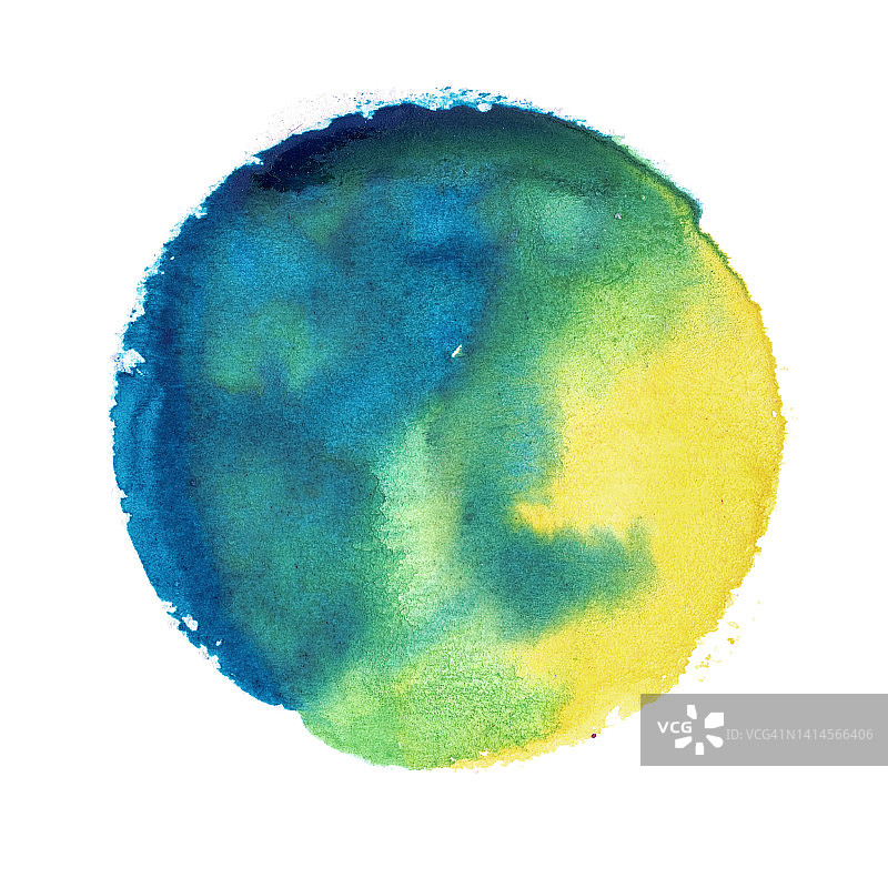 水彩圆圆纹理飞溅孤立在白色，蓝色，绿色和黄色的背景不均匀的边缘。空白彩绘设计元素。抽象手绘彩色水彩球。徒手画圆与空间的文本。图片素材