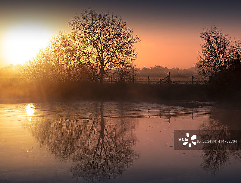 斯图尔河水草在黎明附近温伯恩敏斯特，多塞特，英国图片素材
