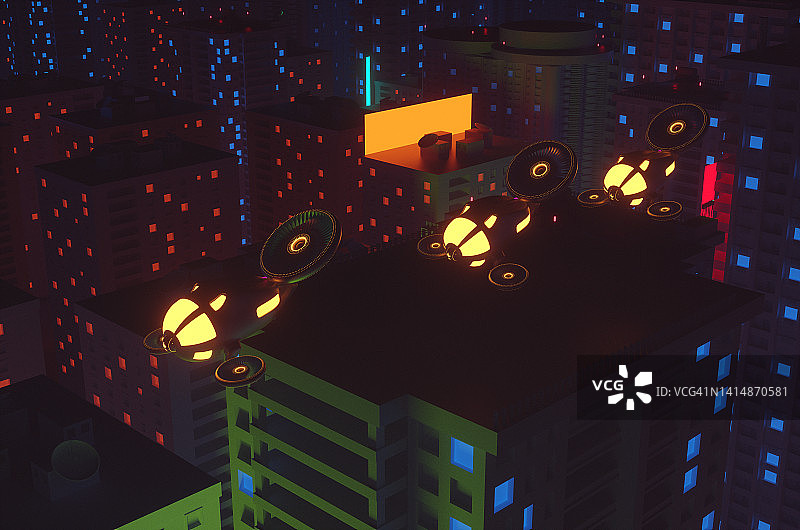 evtol无人机在霓虹灯城市的夜空中飞行的概念。3 d渲染插图。图片素材