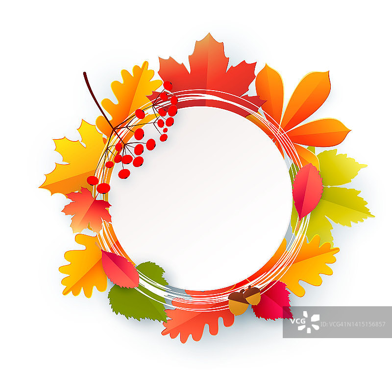 你好,秋天。圆圆的画框上挂着秋天的黄叶，橘黄色的叶子。模板设计横幅、海报、广告、明信片、销售。向量图片素材
