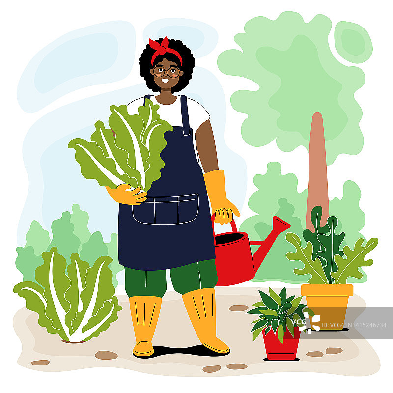 快乐的非洲园丁妇女与浇水罐之间的盆景和花园的床。微笑可爱的小女孩抱着大白菜。农业农场的概念。图片素材