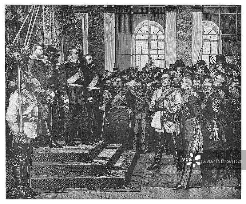 1871年1月18日，凡尔赛的《德意志帝国宣言》的古老雕刻插图图片素材