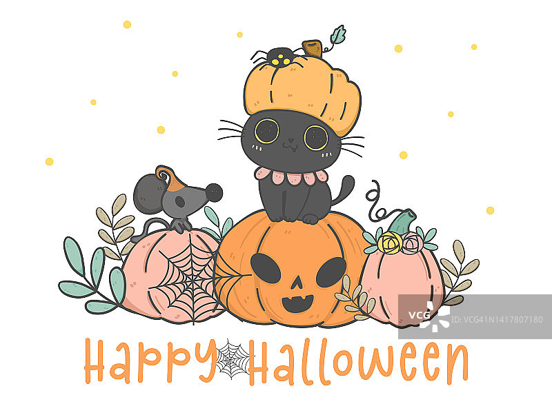 可爱的万圣节黑猫小猫南瓜服装帽子坐在橙色的南瓜上，动物卡通涂鸦手绘，万圣节快乐图片素材
