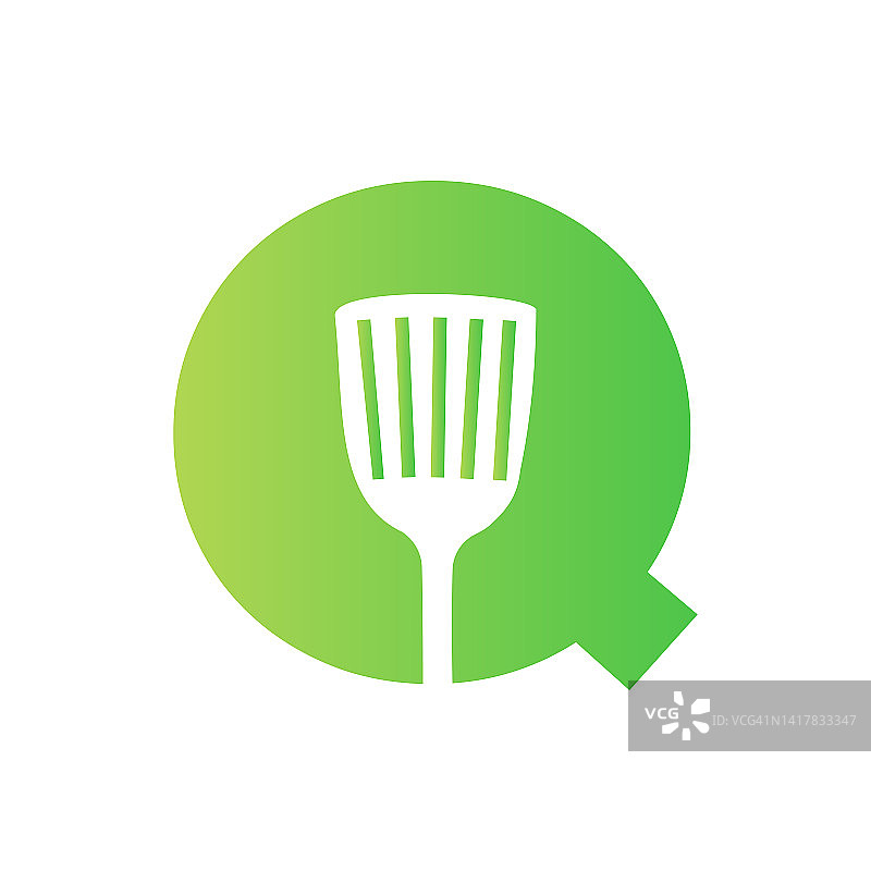 字母Q厨房抹刀标志。厨房标志与厨房锅铲相结合的餐厅标志设计图片素材