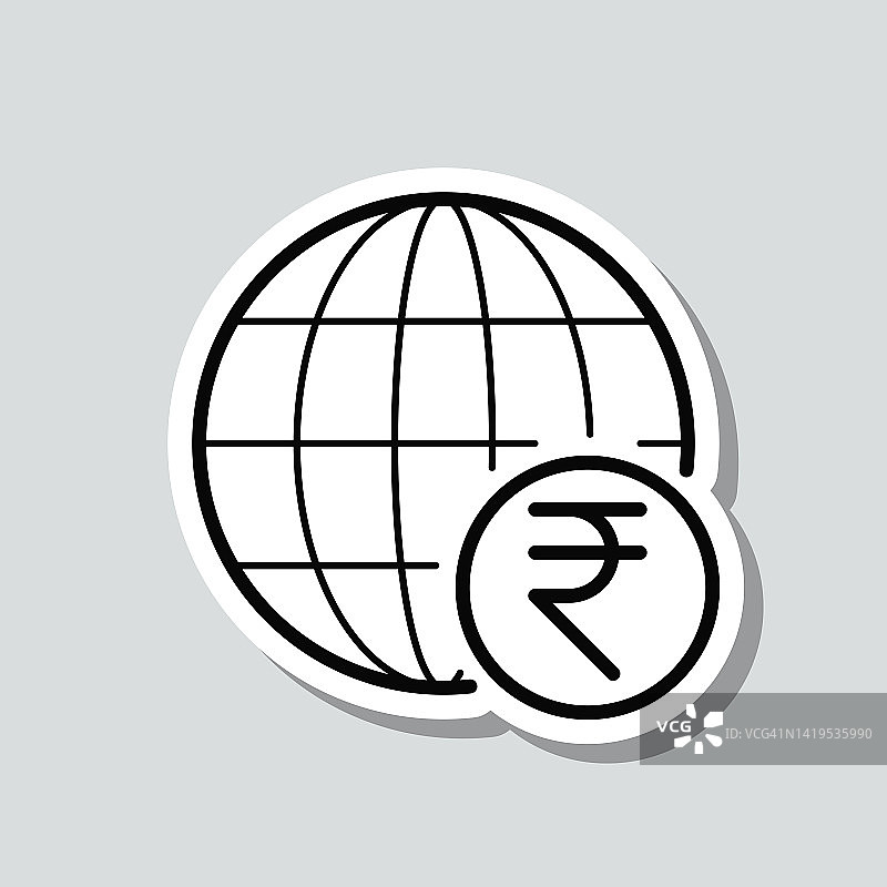 全球印着印度卢比的标志。图标贴纸在灰色背景图片素材