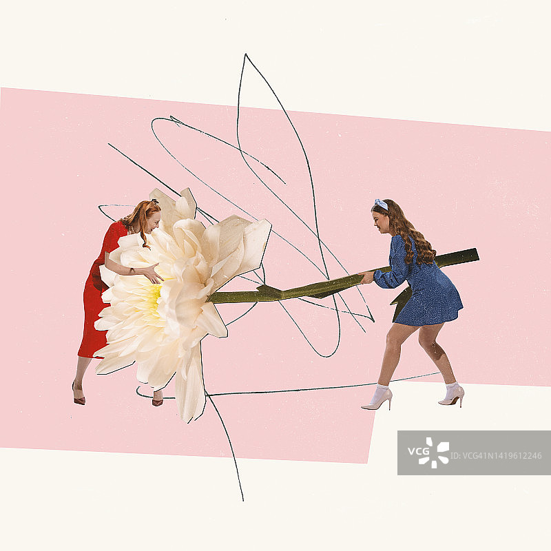 当代艺术拼贴。创意有趣的设计与两个时尚的女人战斗与花图片素材
