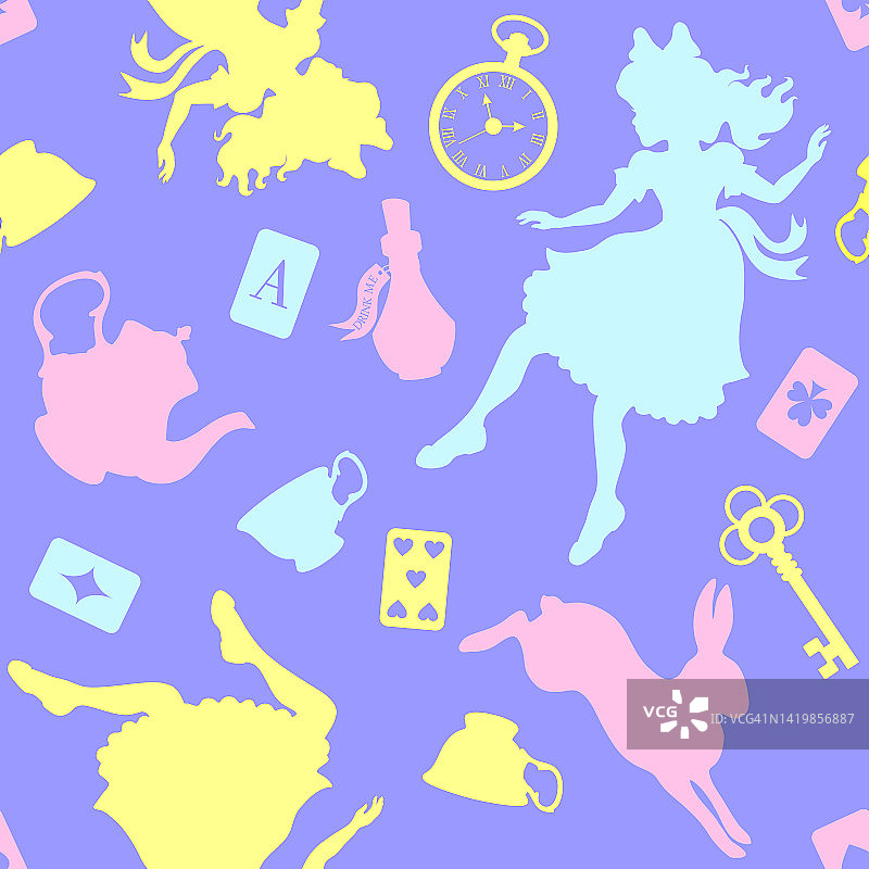 仙境无缝模式。多色轮廓爱丽丝，兔子，钥匙，茶杯和其他紫色背景。纹理织物，壁纸，装饰印花图片素材