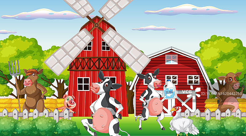 户外奶牛农场场景与快乐的动物卡通图片素材