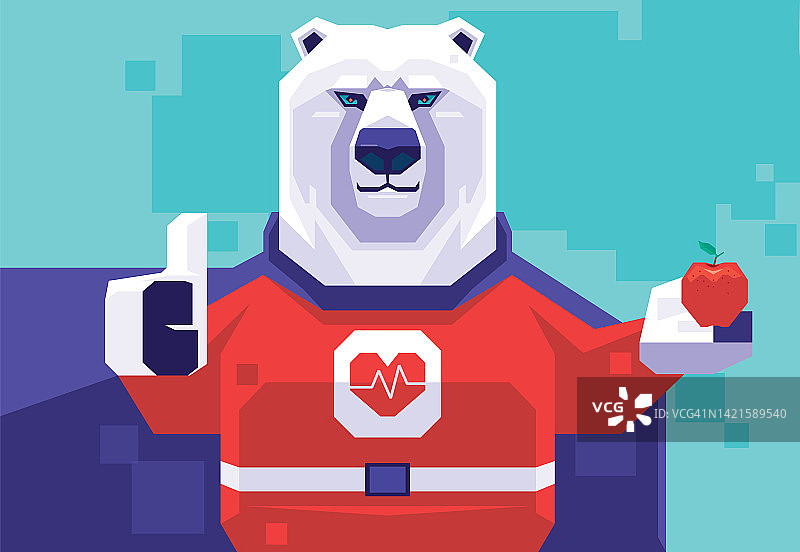 超级英雄北极熊举着苹果，竖起大拇指图片素材