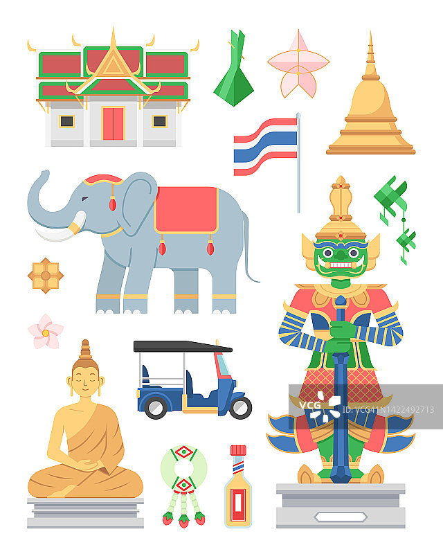 平面风格的泰国元素设置矢量插图图片素材