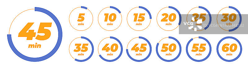 分钟计时器图标设置。图标为1分钟、5分钟、10分钟、15分钟或更长时间。箭头表示有限的烹饪时间图片素材