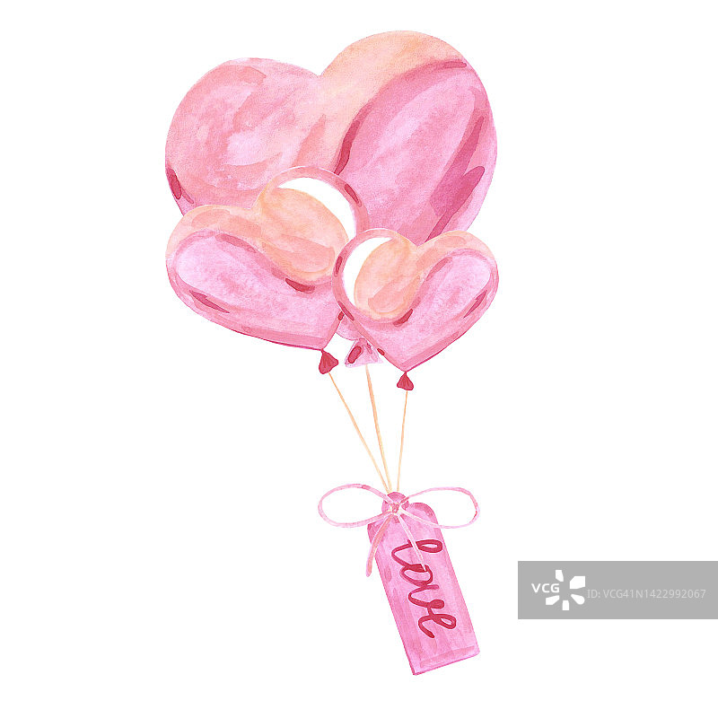 Handdrawn心气球。水彩粉色心与爱的标签。剪贴簿情人节设计，排版海报，标签，横幅，卡片。图片素材