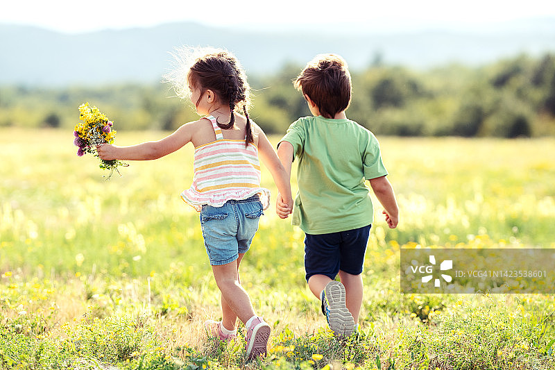 小男孩和小女孩手牵着手走过大自然的草地图片素材