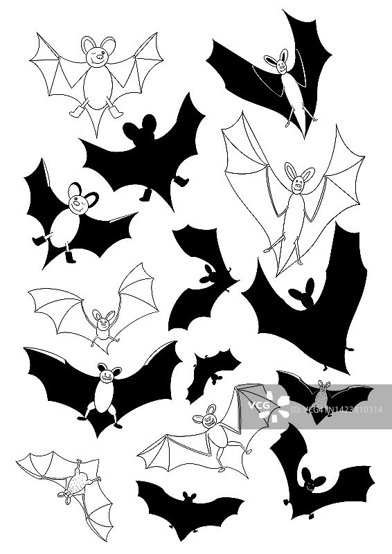 蝙蝠的剪影和轮廓设置孤立的插图图片素材