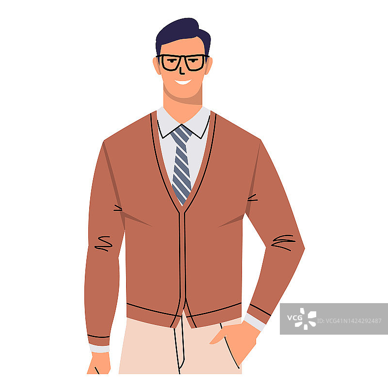 一个打着领带、戴着眼镜的年轻人孤零零地站在白色的背景上。
商人、经理、教师、办公室职员都是扁平风格。一个男性角色一只手插在口袋里，微笑着。图片素材