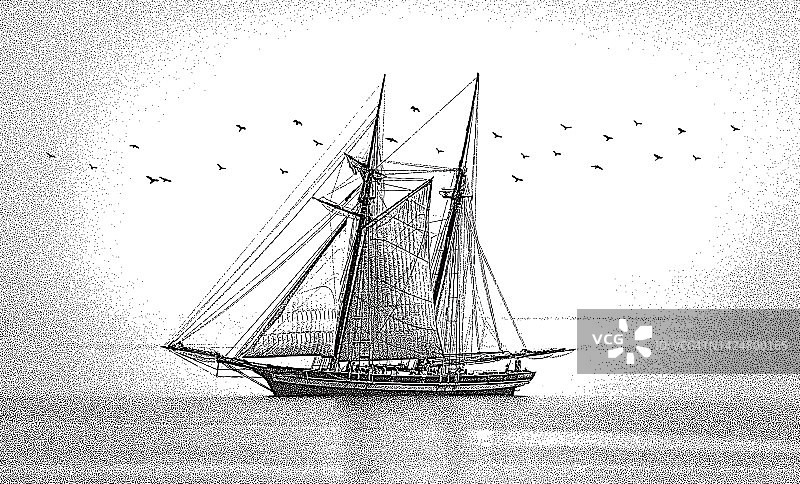 一艘高船的复古风格插画图片素材