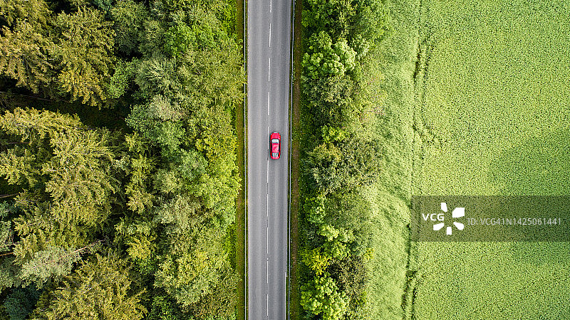 在穿过森林的乡间小路上行驶的汽车图片素材