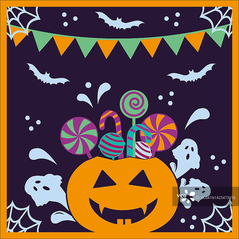 万圣节南瓜篮充满糖果和糖果在紫罗兰色的背景图片素材