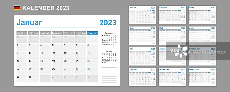 2023年德国日历。一周从星期一开始。简单的向量模板。业务设计计划。图片素材