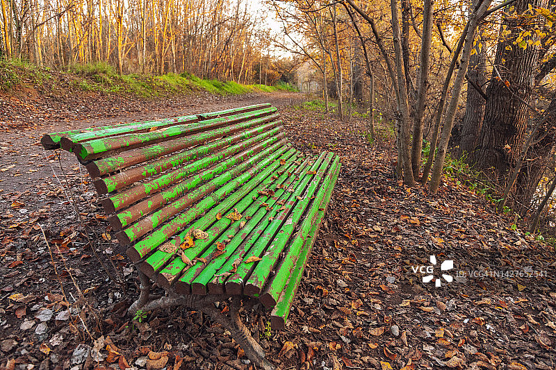 秋天公园里的空板凳和枯叶图片素材