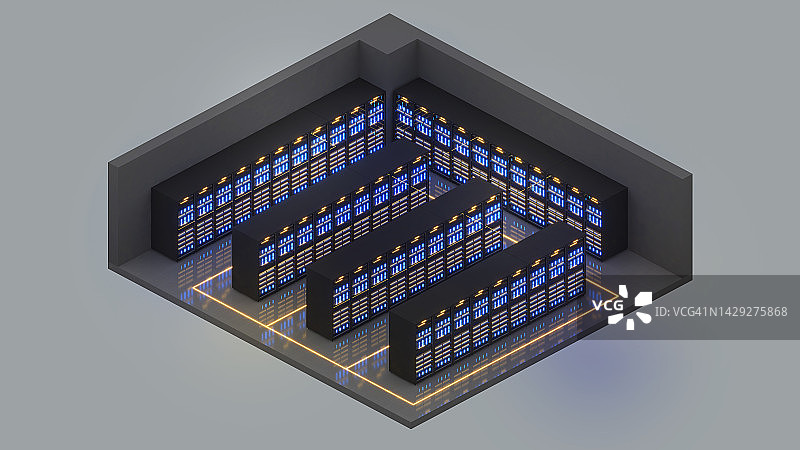 中等大小的服务器室的等距视图，数据中心与多排全面运行的服务器机架。, 3 d渲染。图片素材