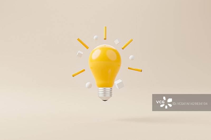 黄色背景上的黄色灯泡。创意观念与创新。3 d渲染图图片素材